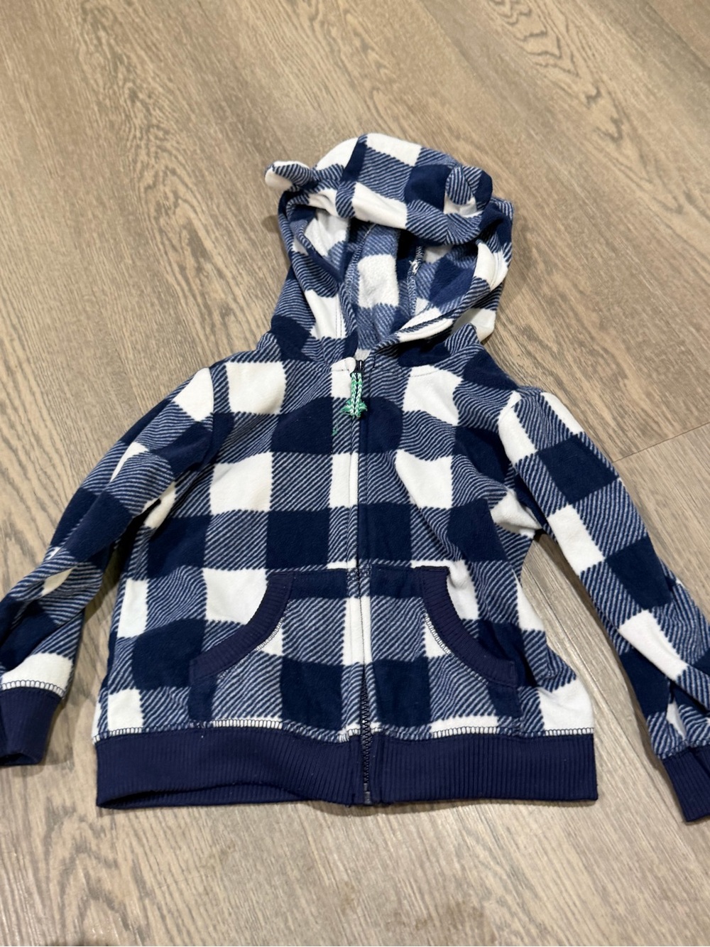 Carter's Toddler Blue & White Plaid Fleece Zip-Up Hoodie Bear Ears 18 Months